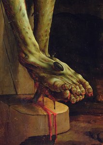 Krisztus lábának részlete az isenheimi oltárkép keresztrefeszítési jelenetéből, belső tábla, 1512–1515 körül, olaj, tábla